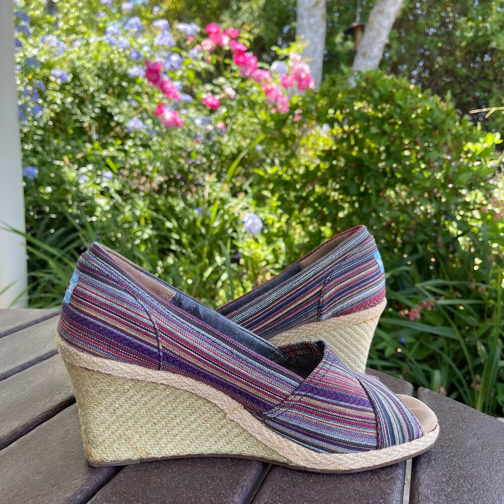 TOMS: Stripped Peep Toe Espadrille Wedge